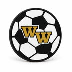 A circular soccer-themed accessory featuring a black and white paneled design with two large gold 'W' letters in the center, shown on a clean white background.